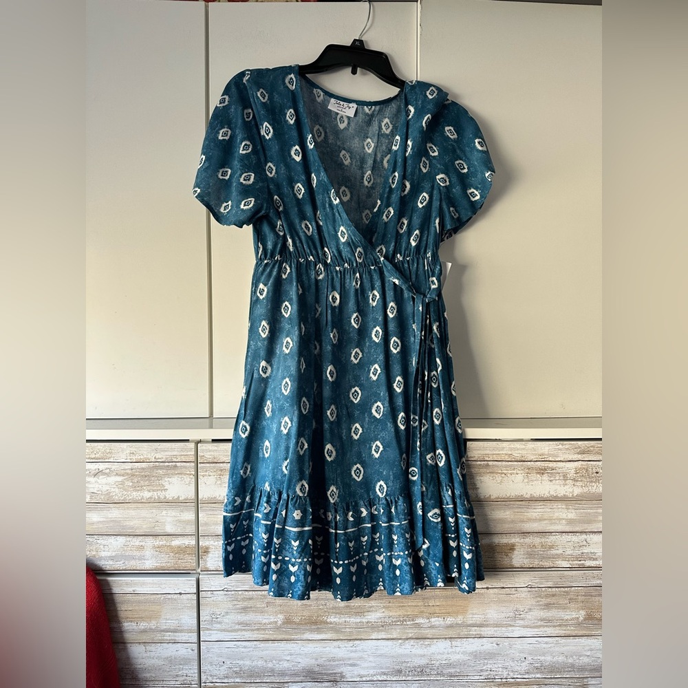 💙 Jolie & Joy Blue Boho Faux Wrap Mini Dress Puff Sleeve NWT Medium